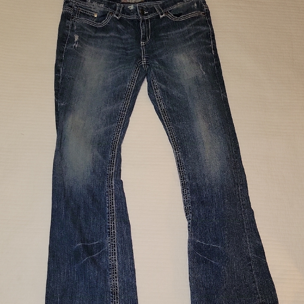 BKE Denim Bootcut Jeans Blue Thick Stitch Distressed Low Rise Mens 33x33